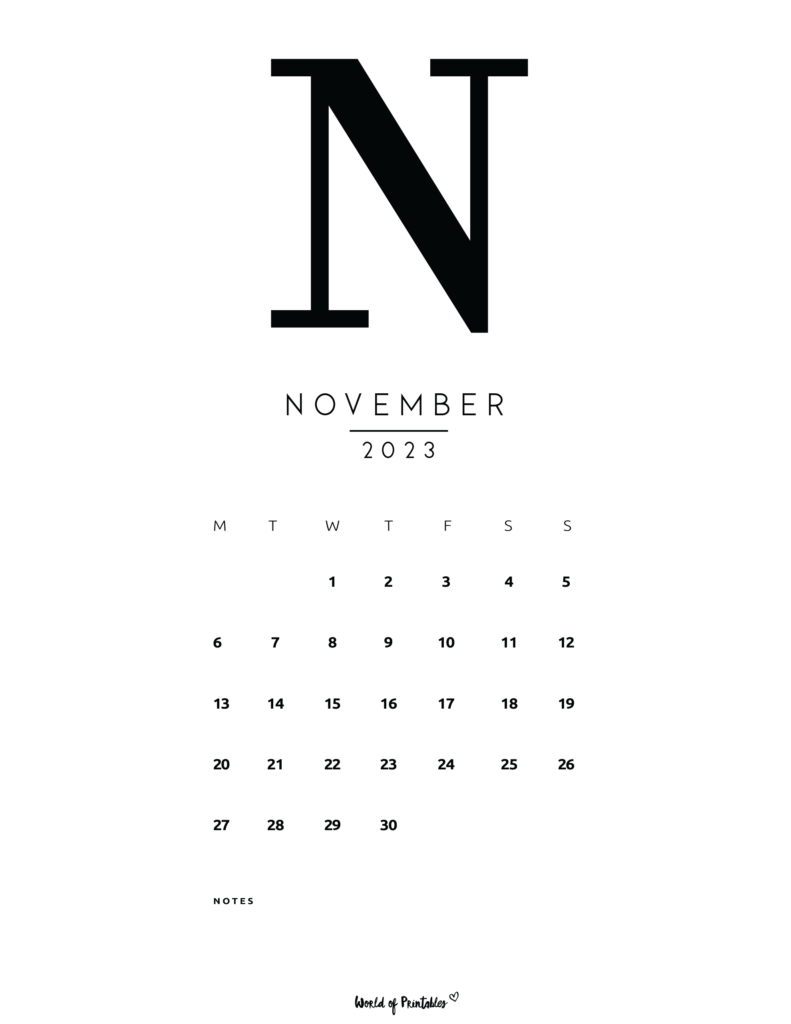 free printable monthly calendar 2023 - November