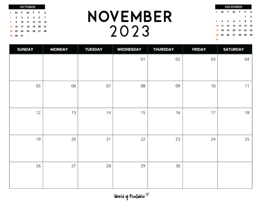 November 2023 Calendar Landscape