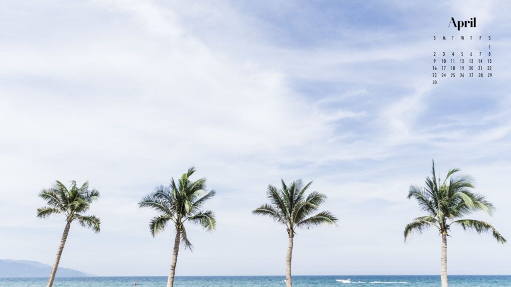 a desktop wallpaper of the ocean and four palm trees
