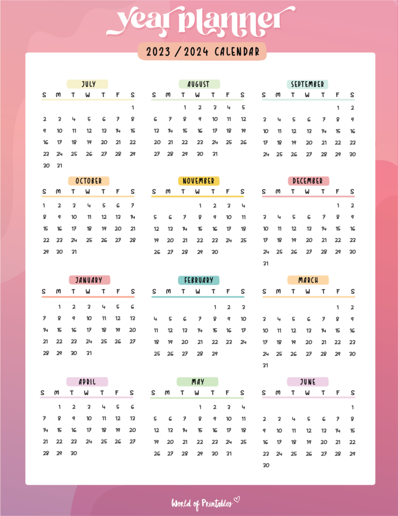 2023 - 2024 School Year Calendar (pink)