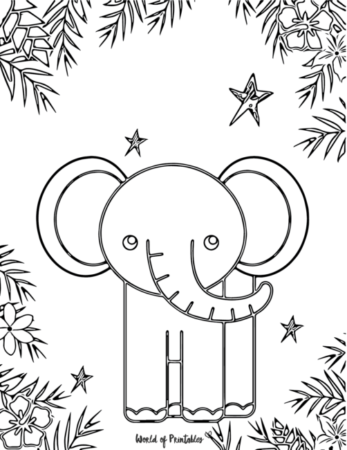 a cute elephant surrounded by leaves and stars