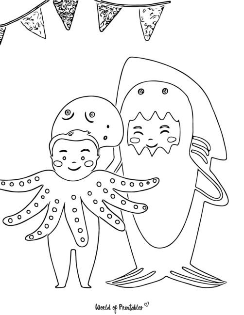 a kid in a shark costume and a kid in an octopus costume