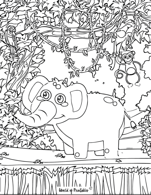 elephant coloring page - an elephant with a jungle background