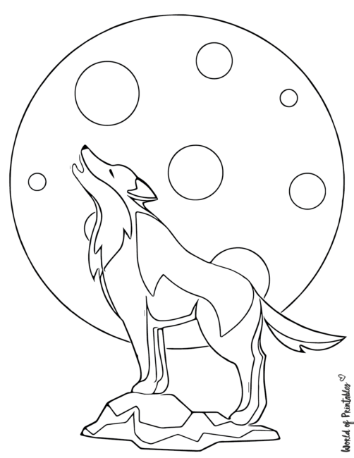 An adult wolf howling at a full moon
