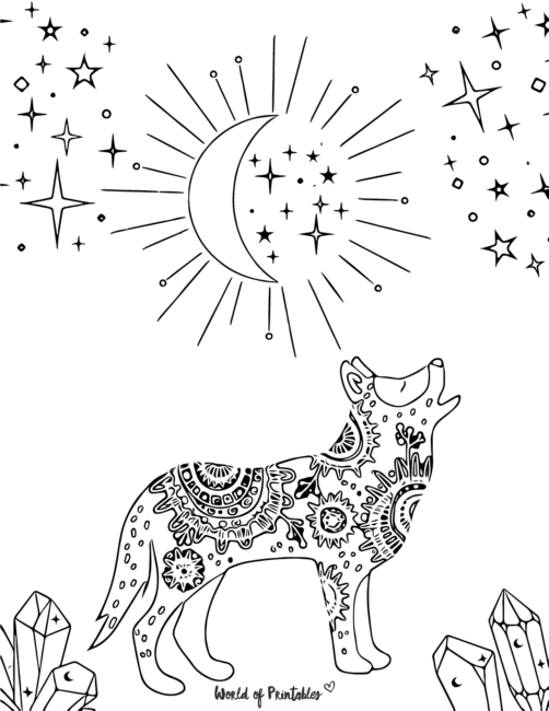 a decorative wolf with celestial designs