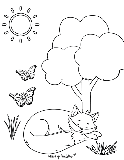 fox coloring pages - fox sleeping under the tree with the sun