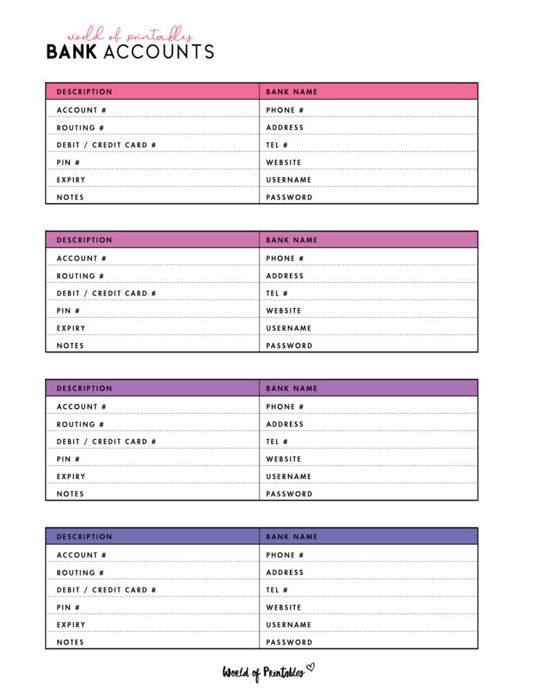Bank Information Templates - World of Printables
