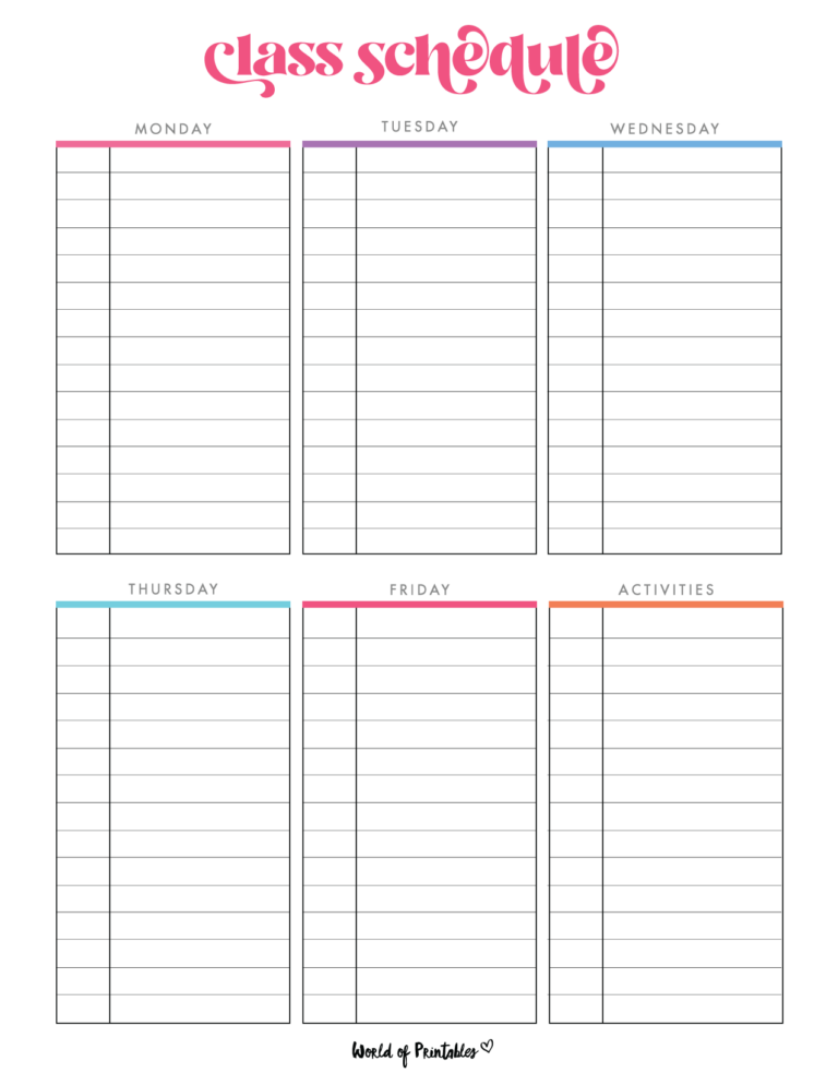 Class Schedule Templates - World of Printables