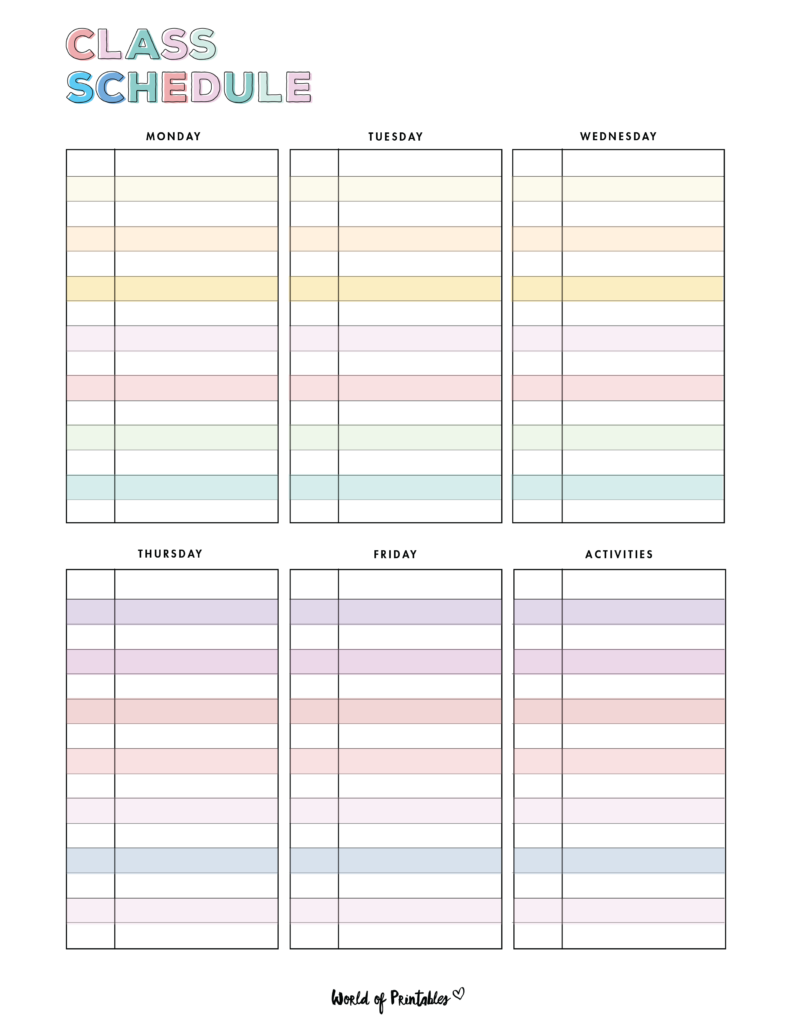 Class schedule template colorful