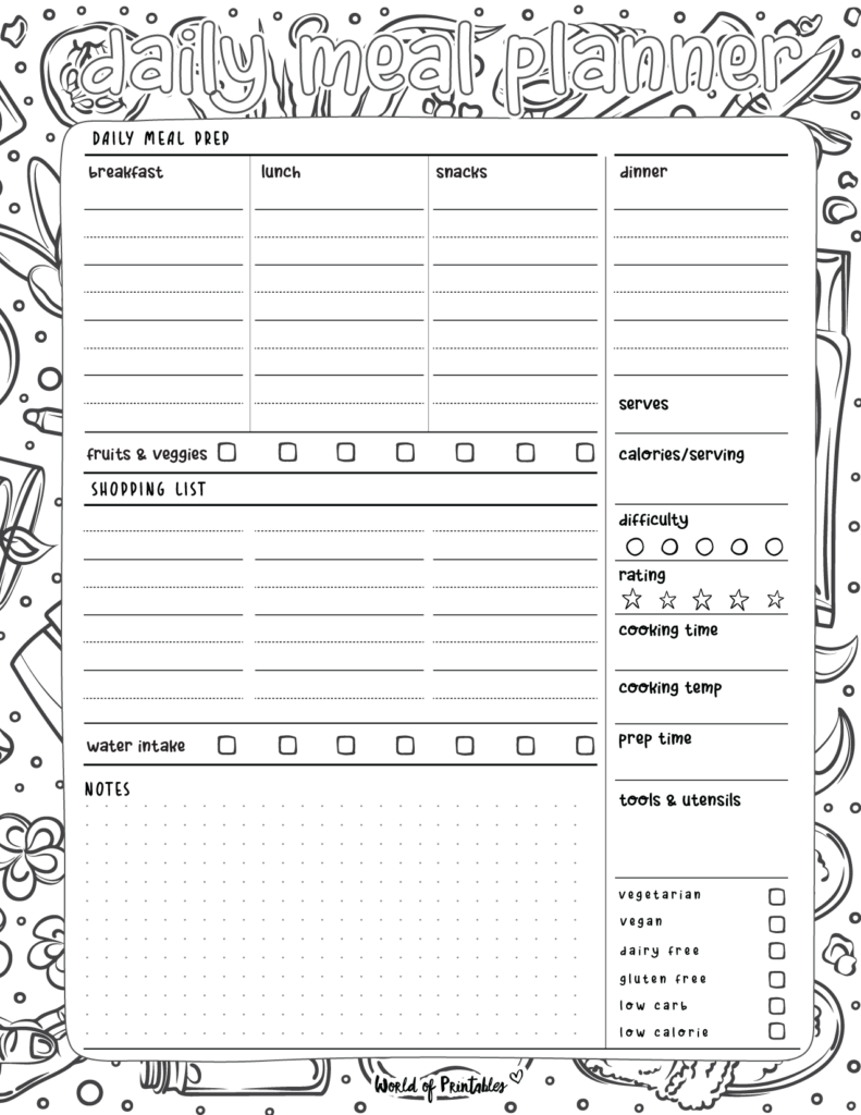 Daily Meal Planner template - coloring page