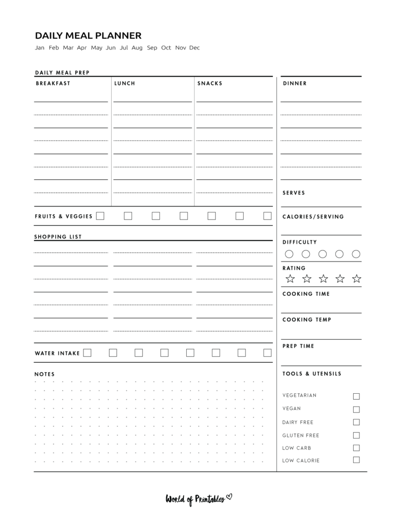 Daily meal planner template