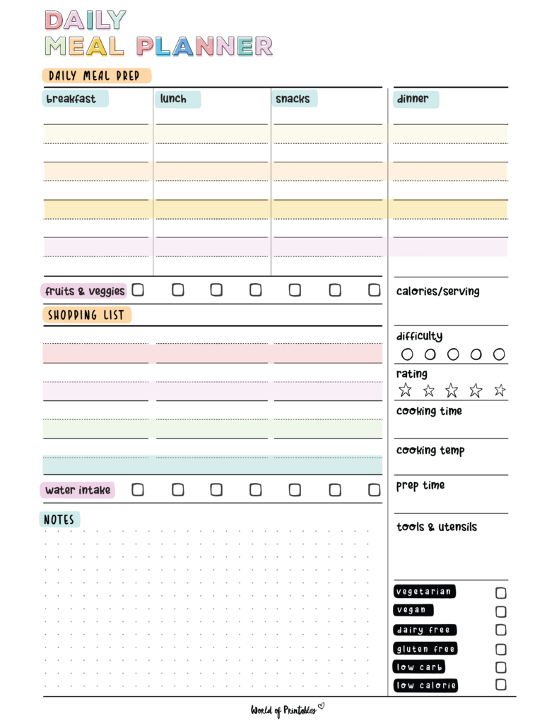 Daily meal planner template - colorful