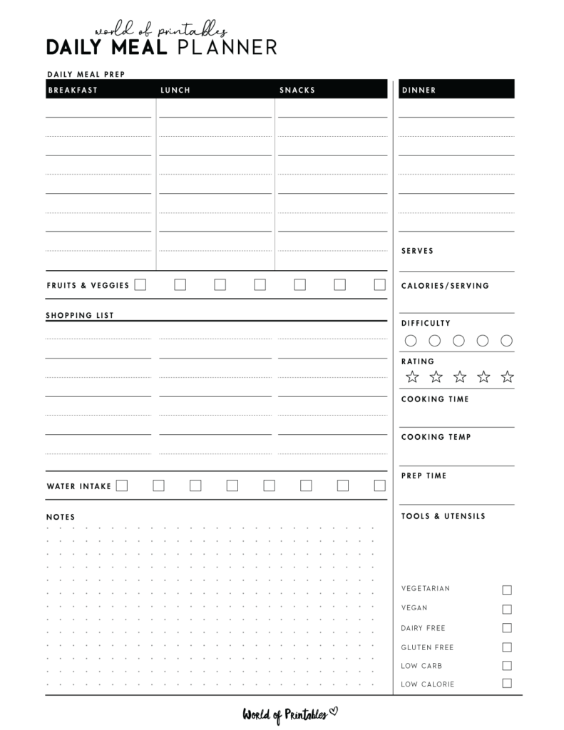 Daily meal planner template - simple
