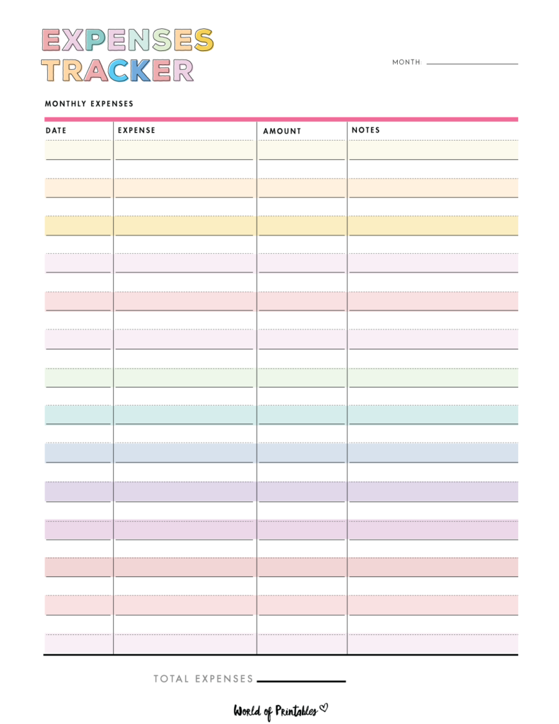 Monthly expense tracker printable - colorful
