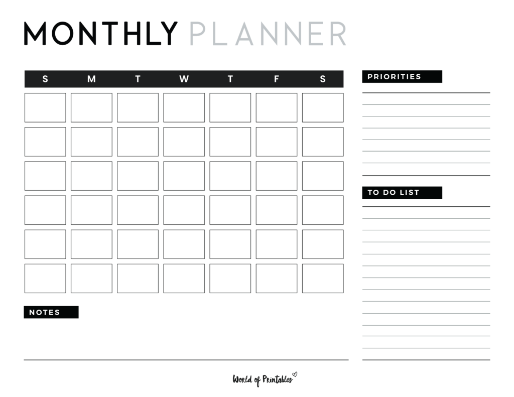 Monthly planner with notes