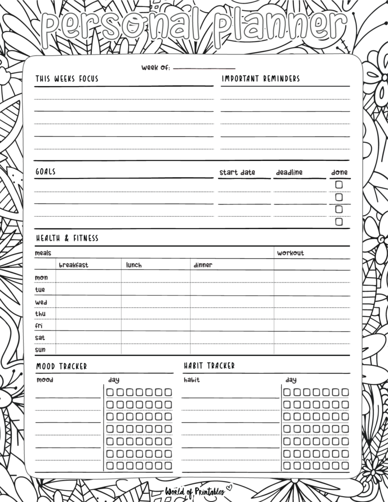 personal planner template - coloring page