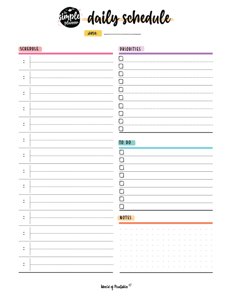 Printable daily schedule