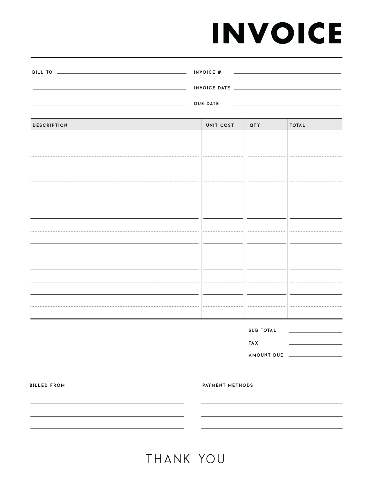 Free Blank Invoice Receipt Template Printable Online