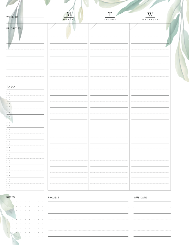 printable weekly planner botanical - page 1