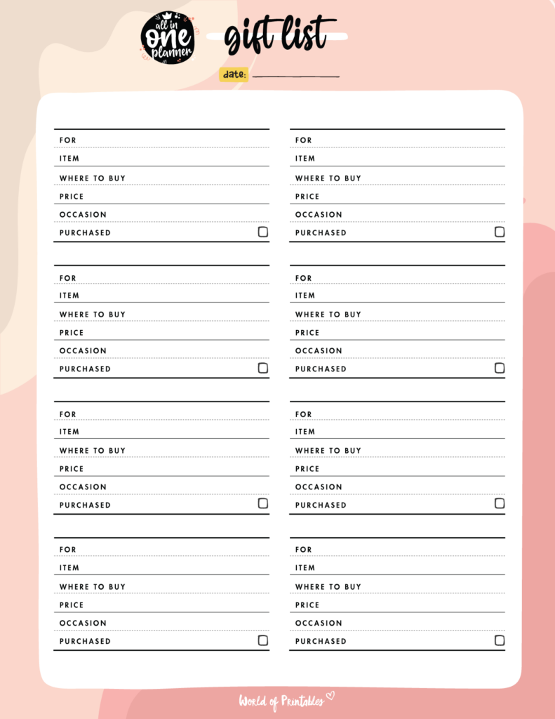 Cute gift list template