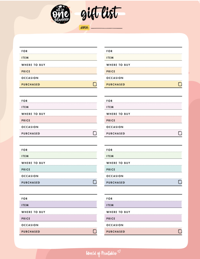 Gift List template printable