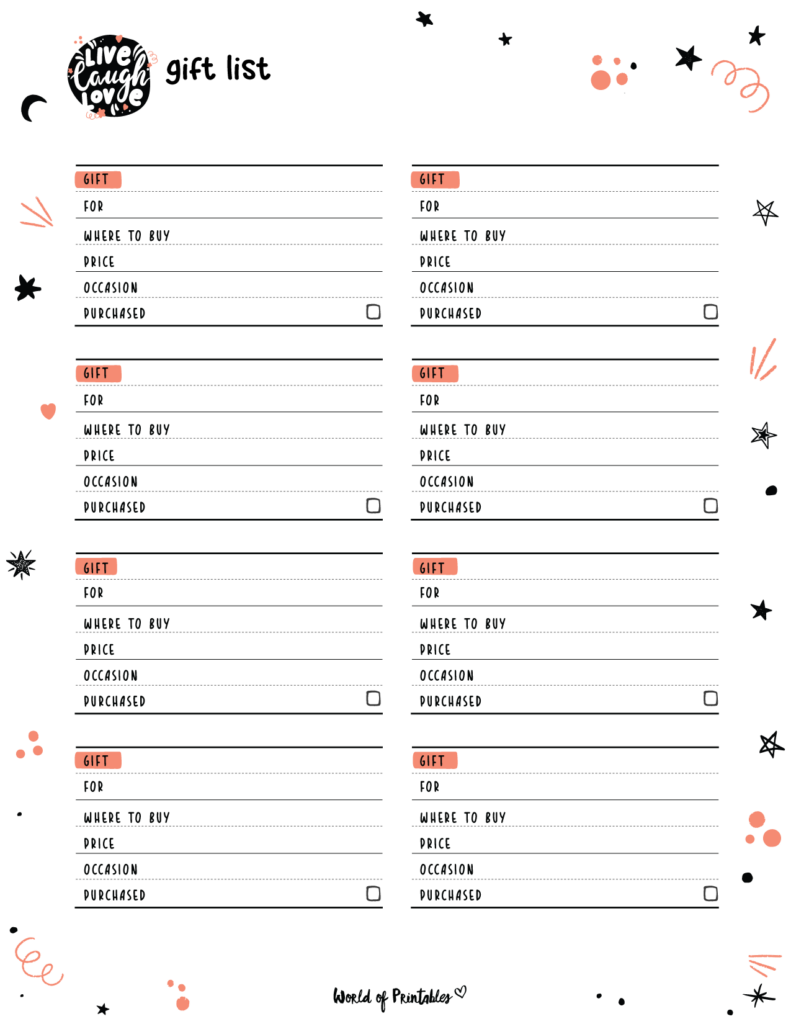 Gift list printable template