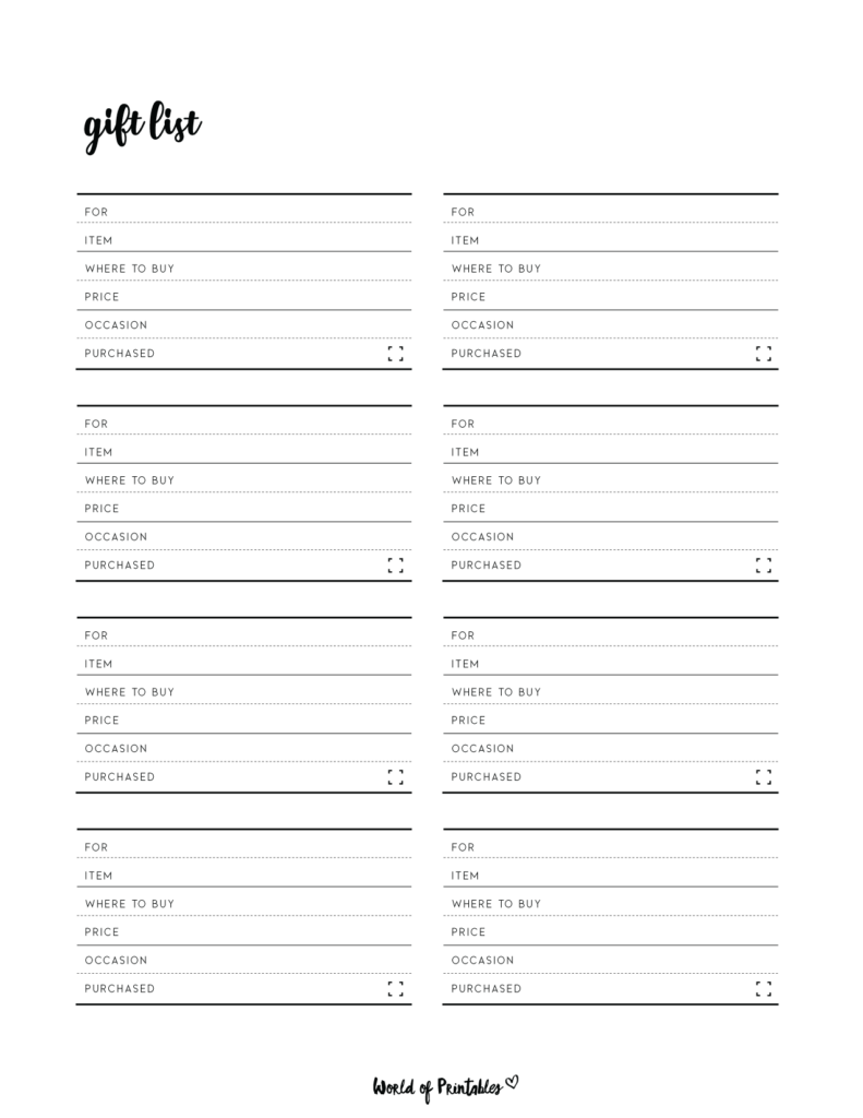 Gift list template 1