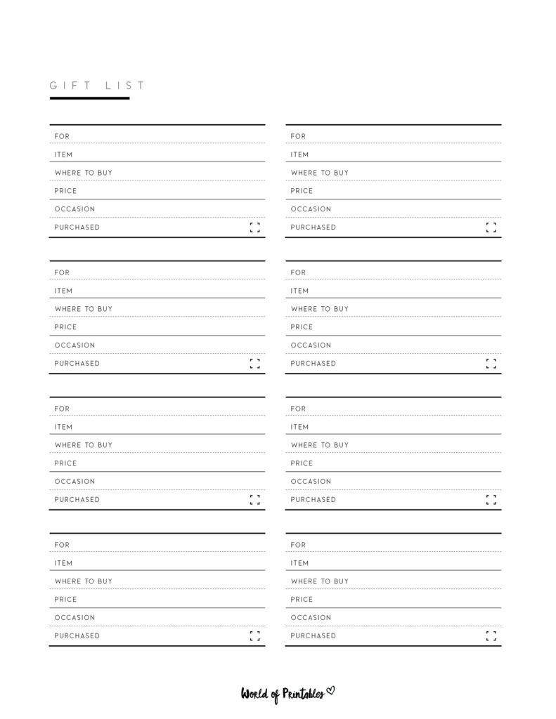 Gift list template blank