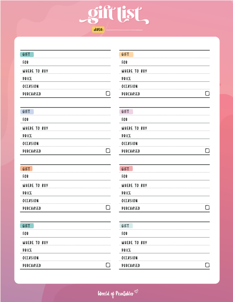 pink gift list template