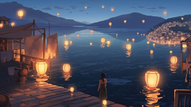 Aesthetic Lake and Lantern Scene Lofi Wallpaper