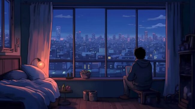 Anime Boy in Bedroom Lofi Wallpaper