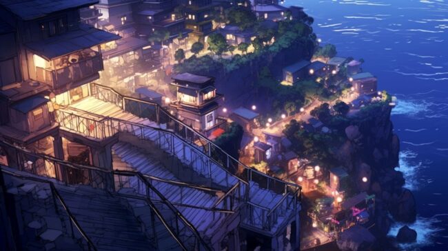 Anime Cliff and Ocean Scene Lofi Wallpaper