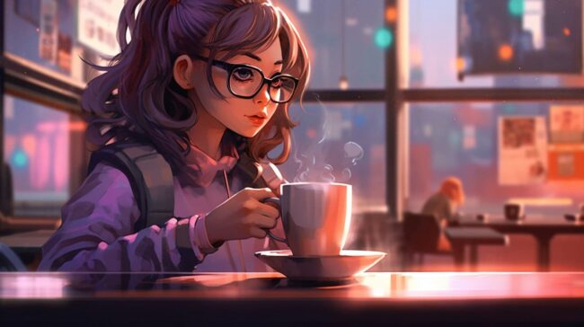 Anime Girl Drinking Coffee Lofi Background