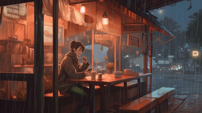 Anime Girl Raining Lofi Background