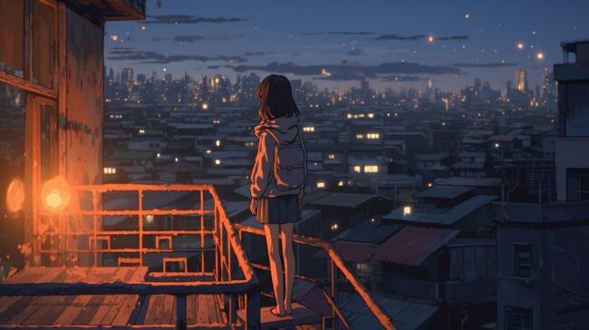 Anime Girl Stood on Balcony Lofi Background