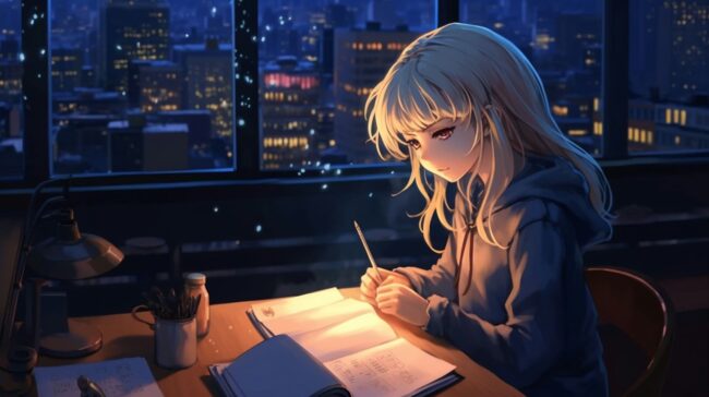 Anime Girl Studying at Night Lofi Background