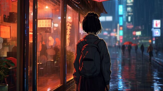 Anime Girl Walking in the Rain Lofi Background