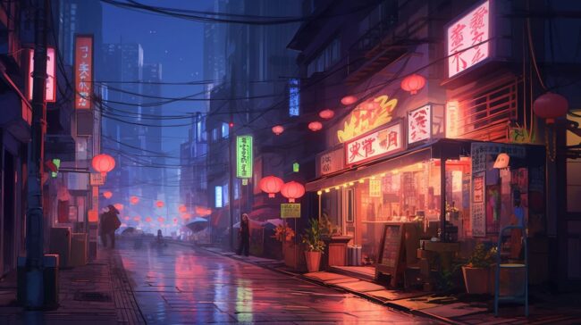 Anime Street Scene at Night Lofi Wallpapers