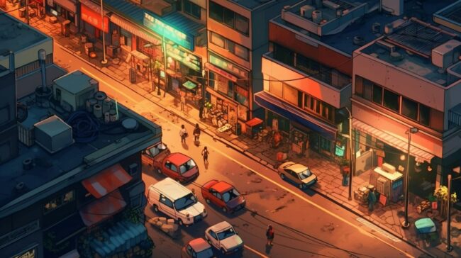 Anime Style Street Scene Lofi Wallpaper