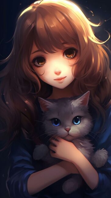 Anime Wallpaper iPhone of Girl and Cat