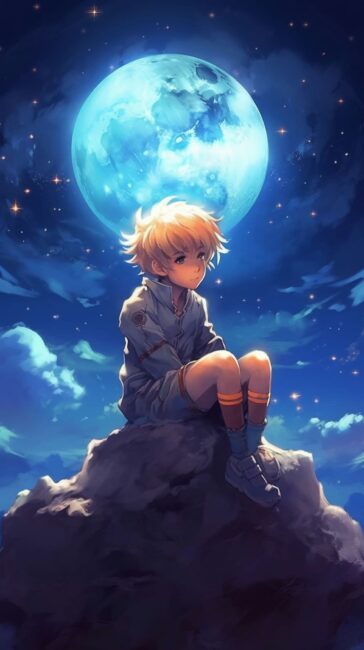 Anime Wallpapers of Kid Sitting next to the Moon