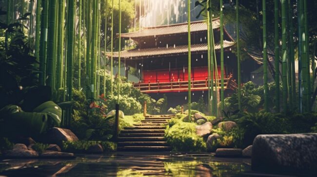 Asian Temple Surrounded by Bamboo Lofi Wallpaper