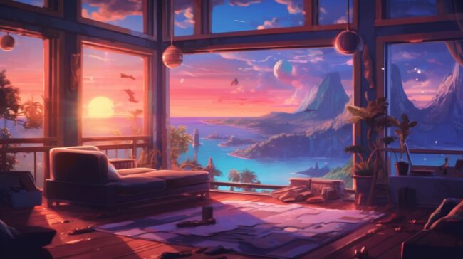 Beautiful Room Scene with view of Ocean Lofi Wallpaper