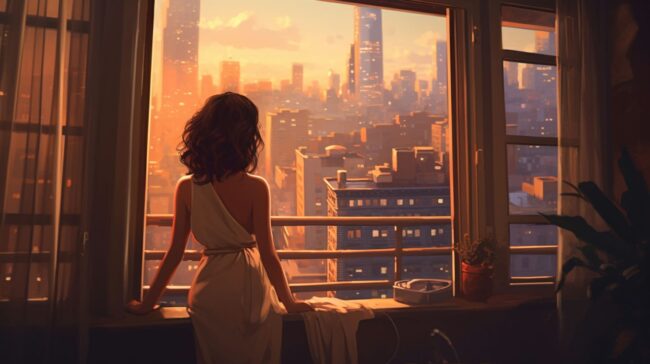 Beautiful Woman Looking out of the Window Lofi Background