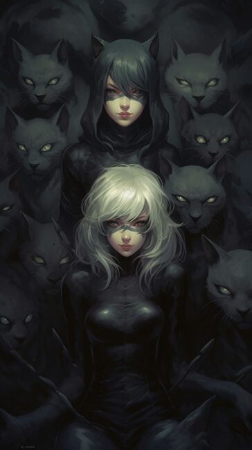 Black Screen Wallpaper of Girls and Black Cats