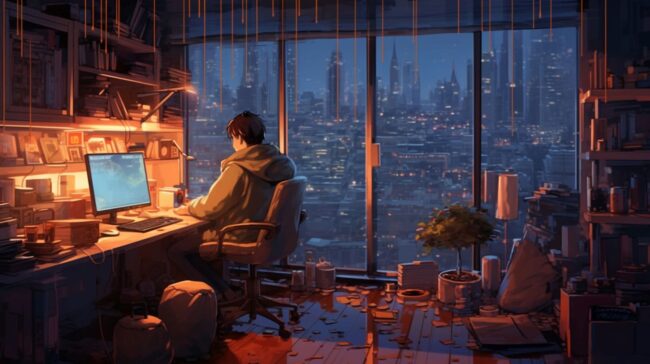 Boy Studying City View Lofi Background