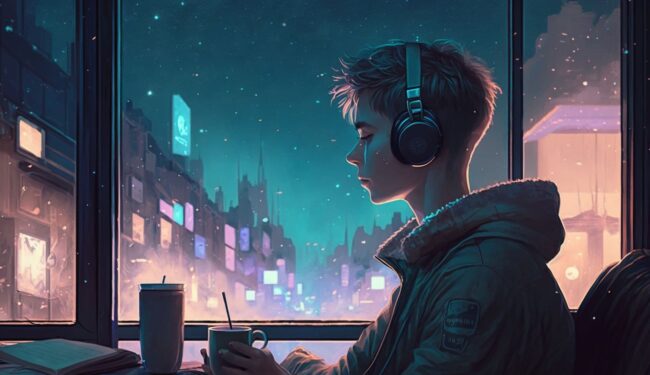 Boy Studying With City View Lofi Background
