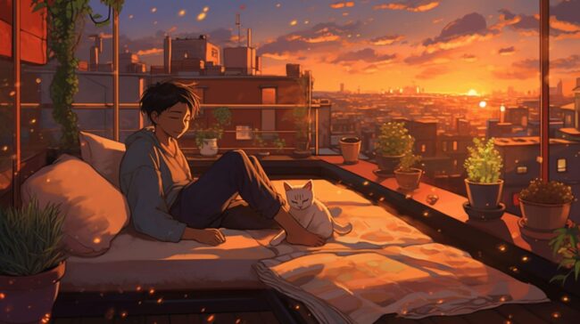 Boy and Cat Roof Terrace Lofi Background