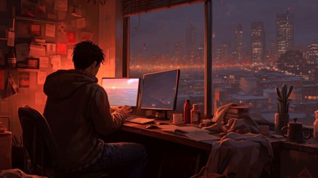 Boy at Computer City View Lofi Wallpaper