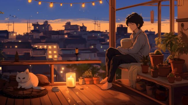 Boy on Roof Terrace Lofi Wallpaper